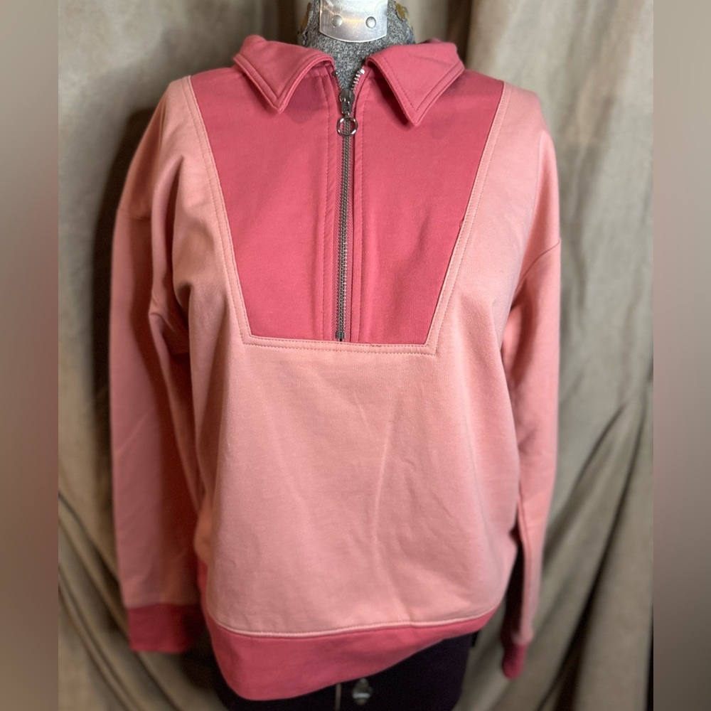 Time and Tru Women's Quarter Zip Sweatshirt Color Block Pink Women’s Size Small